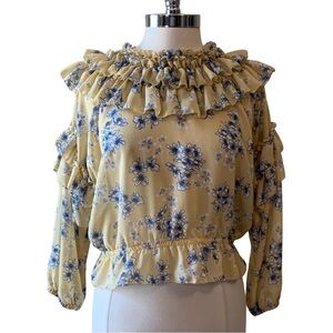 BLUSH NOIR Floral Blouse Yellow Blue Large Ruffle Sheer